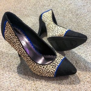Lulu Townsend black and white calf hair animal print suede heels
